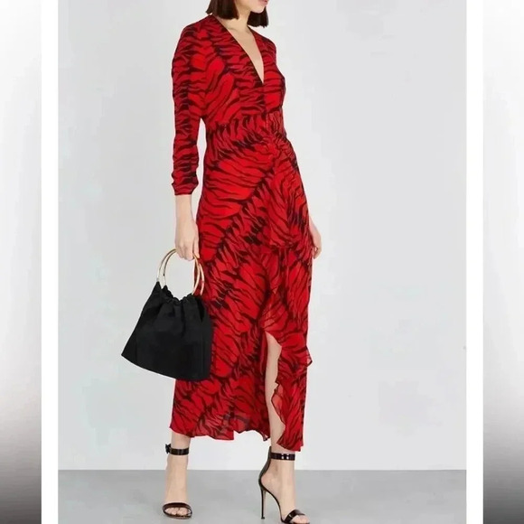 Rixo Adriana Zebra Striped Animal Print Red Black Silk Maxi Dress Size Small - Picture 8 of 16